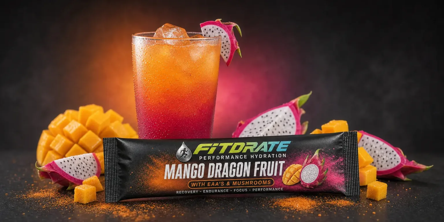 FitDrate™ Mango Dragon Fruit mixed in a glass over ice with dragon fruit slices, next to its stick pack