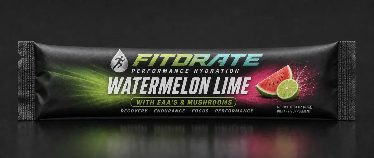 FitDrate™ Watermelon Lime single-serve electrolyte stick pack — zero sugar, EAAs, 6 functional mushrooms