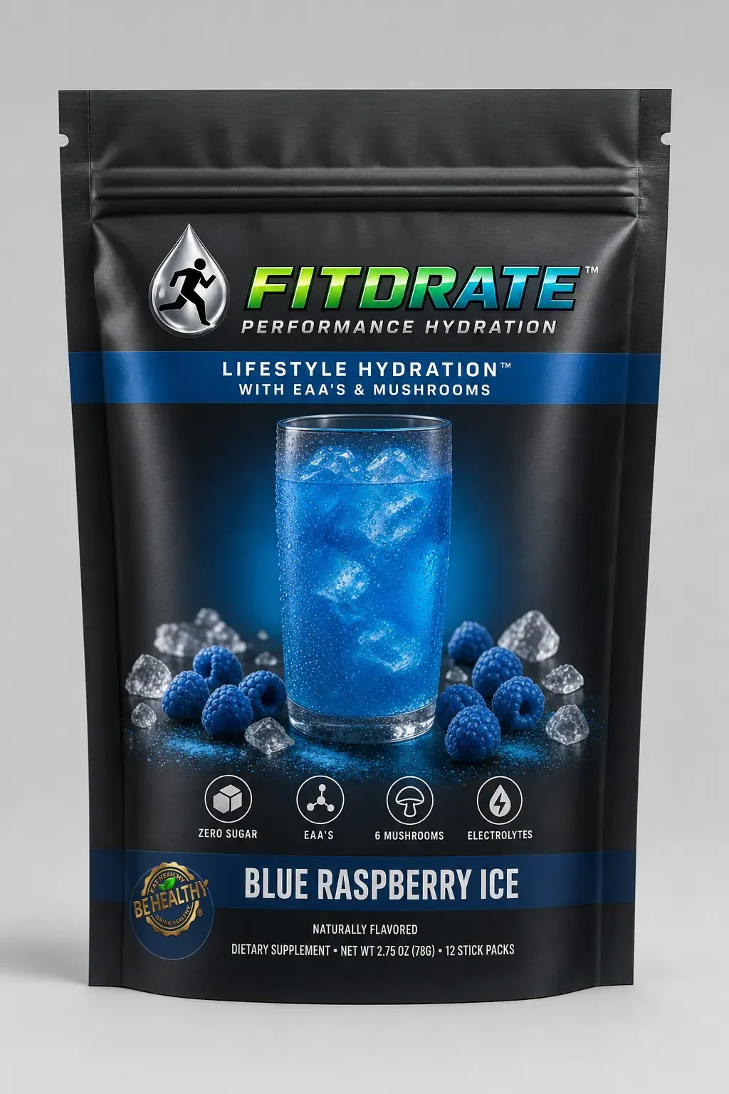 FitDrate™ Blue Raspberry Ice resealable 12-stick hydration bag