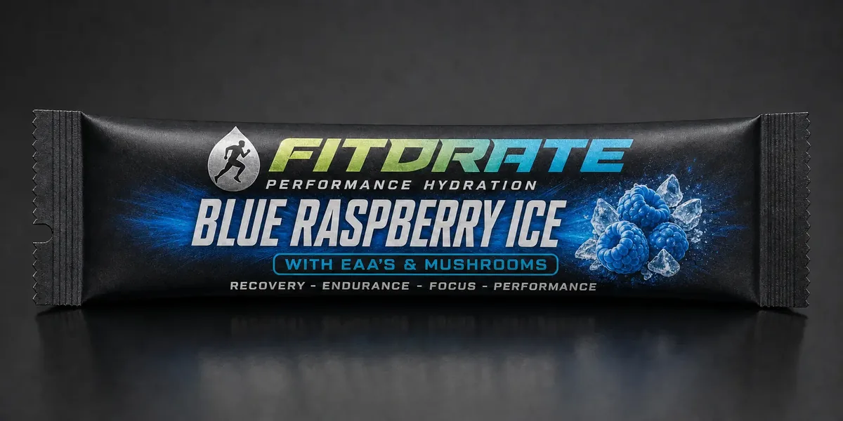 FitDrate™ Blue Raspberry Ice single-serve electrolyte stick pack — zero sugar, EAAs, 6 functional mushrooms